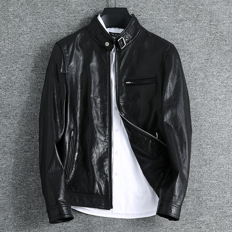 Henning Genuine Leather Leather Clothing Man's Head Layer Bull Leather Casual Business Stand-up Leather Jacket Spring Autumn New Single Layer Leather Jacket