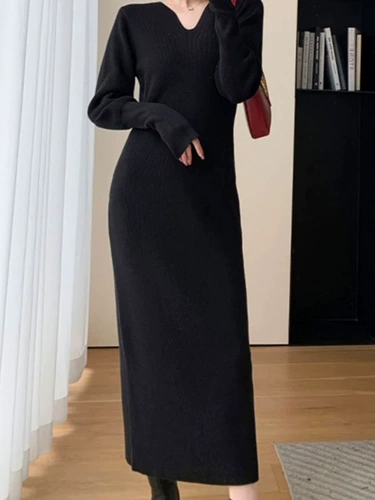 Белое трикотажное платье, шерстяное платье, изысканный стиль, V-образный вырез, французский стиль