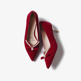 Red Wedding Shoes for Women, Chinese Style Mid-Heel Bridal Shoes, Comfortable and Not Tiring for the Feet, Suitable for Engagement, Xiuhe Wedding Dress, Toast Shoes, Pearl High Heels