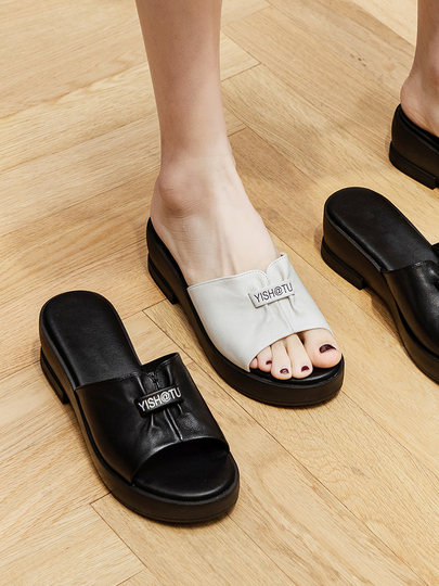 Genuine leather slippers for women thick-soled outer wear summer ladies sandals cowhide wedge sandals middle-aged new sandals mom
