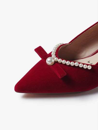 Red Wedding Shoes Women's Chinese Medium Heel Bridal Shoes Engagement Comfortable Not Tiring Feet Xiuhe Wedding Dress Toast Pearl High Heels