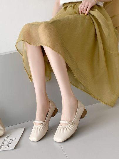 Sheepskin single shoes for women, low heel, soft leather, soft surface, soft sole, genuine leather, shallow mouth Mary Jane, comfortable and versatile pearl small leather shoes