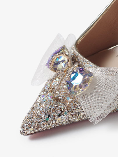 High-heeled wedding shoes, pointed toe bridal shoes, engagement French style comfortable princess non-tiring feet wedding dress toast champagne color crystal shoes