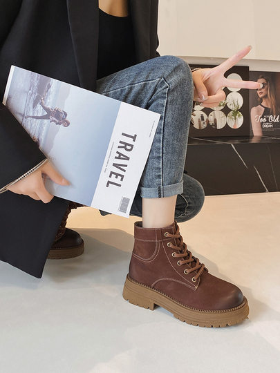 Genuine leather Martin boots women's Maillard short boots velvet thick sole retro round toe thick heel 2025 winter cowhide boots trend