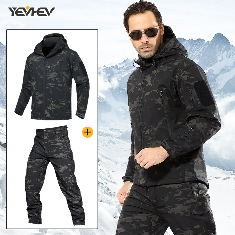 Autumn and winter soft shell storm jacket pants set men plus plush thick outdoor windproof waterproof warm mountaineering camouflage cold protection suit