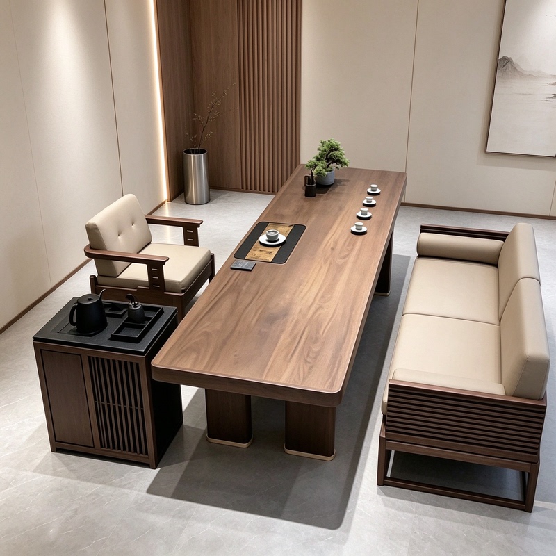 North American Black Walnut Tea Table and Chair Set, Song-Style Aesthetic Solid Wood Tea Table, Office Large Board Kung Fu Tea Table North American Black Walnut Tea Table and Chair Set, Song-Style Aesthetic Solid Wood Tea Table, Office Large Board Kung Fu Tea Table
