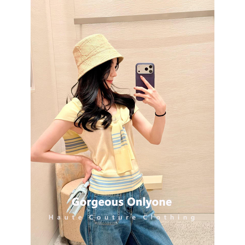 Gorgeous Onlyone Vacation Time! Navy Striped Faux Two-Piece Knit Vest Shawl Top