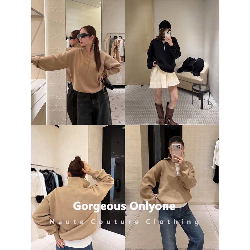 Gorgeous Onlyone! Jennie's Same Style Stand-Up Collar Half-Zip Knitted Sweater for Women, Loose Long-Sleeved Top