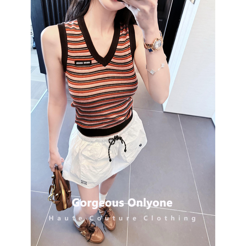 Gorgeous Onlyone Must-Have~ Striped V-Neck Knitted Vest for Women, Slim-Fit Sleeveless Top, Vintage Style