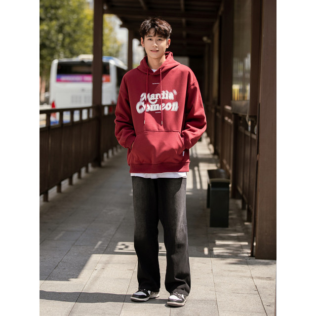 BOLM Spring and Autumn American Blurred Letter Printed Hooded Burgundy Sweatshirt Men's Loose Trendy Brand Hoodie Couple Jacket