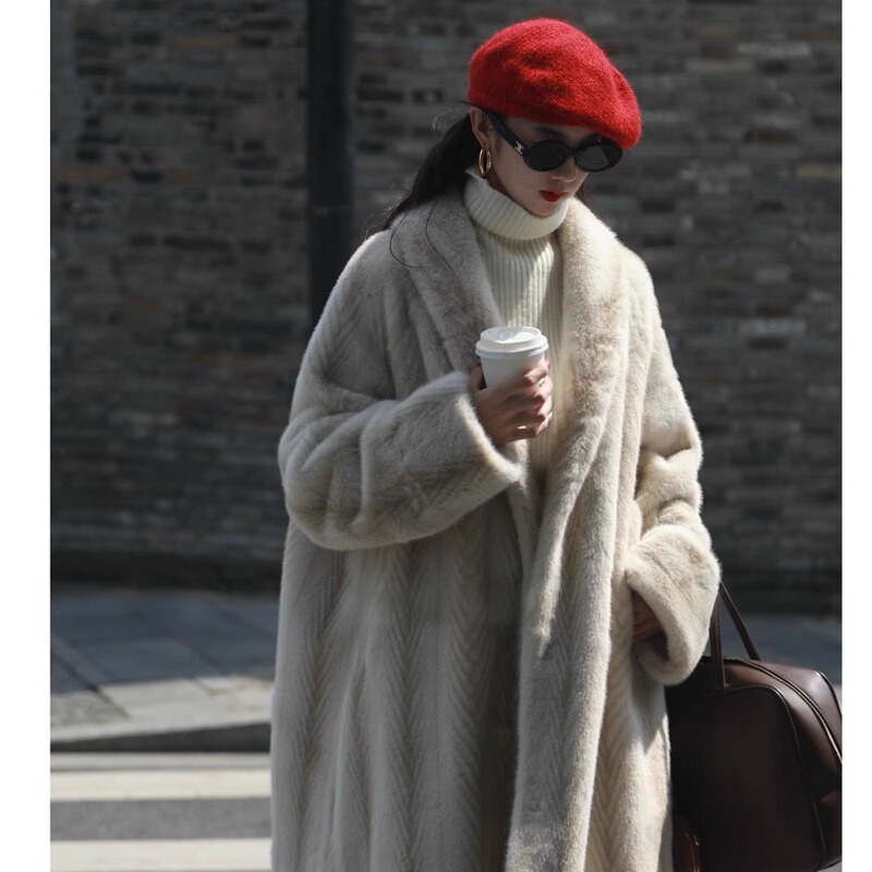 Winter Velvet Faux Mink Eco-Friendly Fur Gold Gradient Heavy Faux Cross Mink Fur Integrated Long Coat