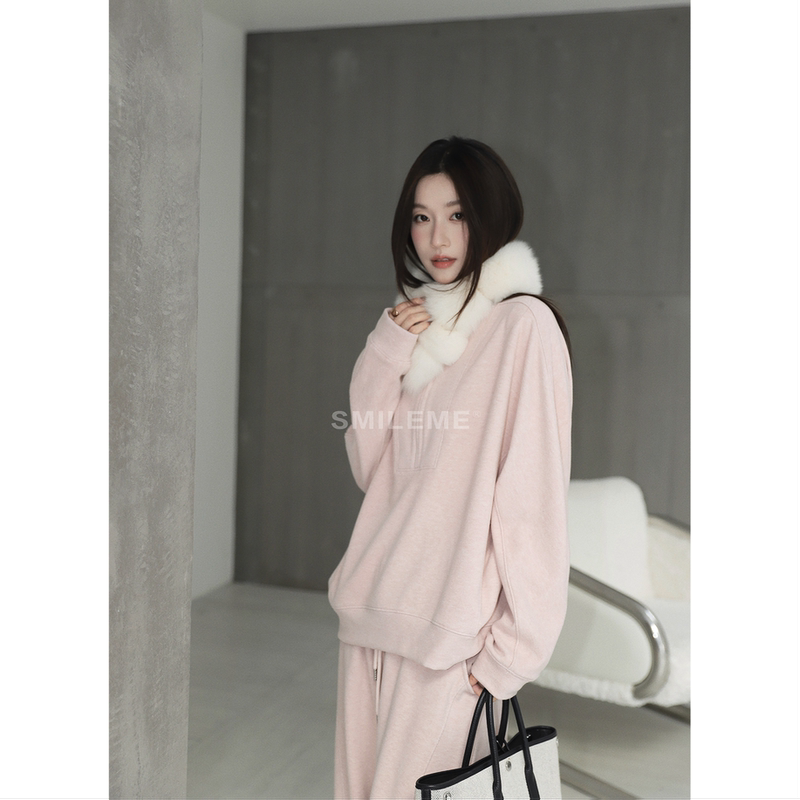 Ruan Xiaomi Smileme【Cloud Puff】Sporty Fashion Pink Sweatshirt and Pants Set for Women