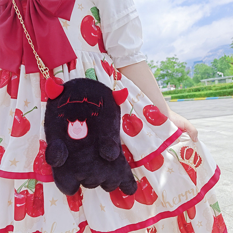 New cute dark anime-themed crossbody bag with little devil ghost design, plush lolita style women's bag, Halloween-themed.