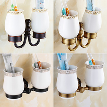 European and American style black imitation retro hotel bathroom mouthwash toothbrush double cup holder bath hardware pendant full copper free hole