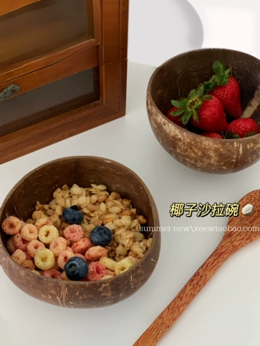 Миска для йогурта, овсянка с кокосом, деревянная миска, миска из скорлупы кокоса, салат, хлопья, десерт, фрукты, посуда для завтрака, деревянная миска с ложкой