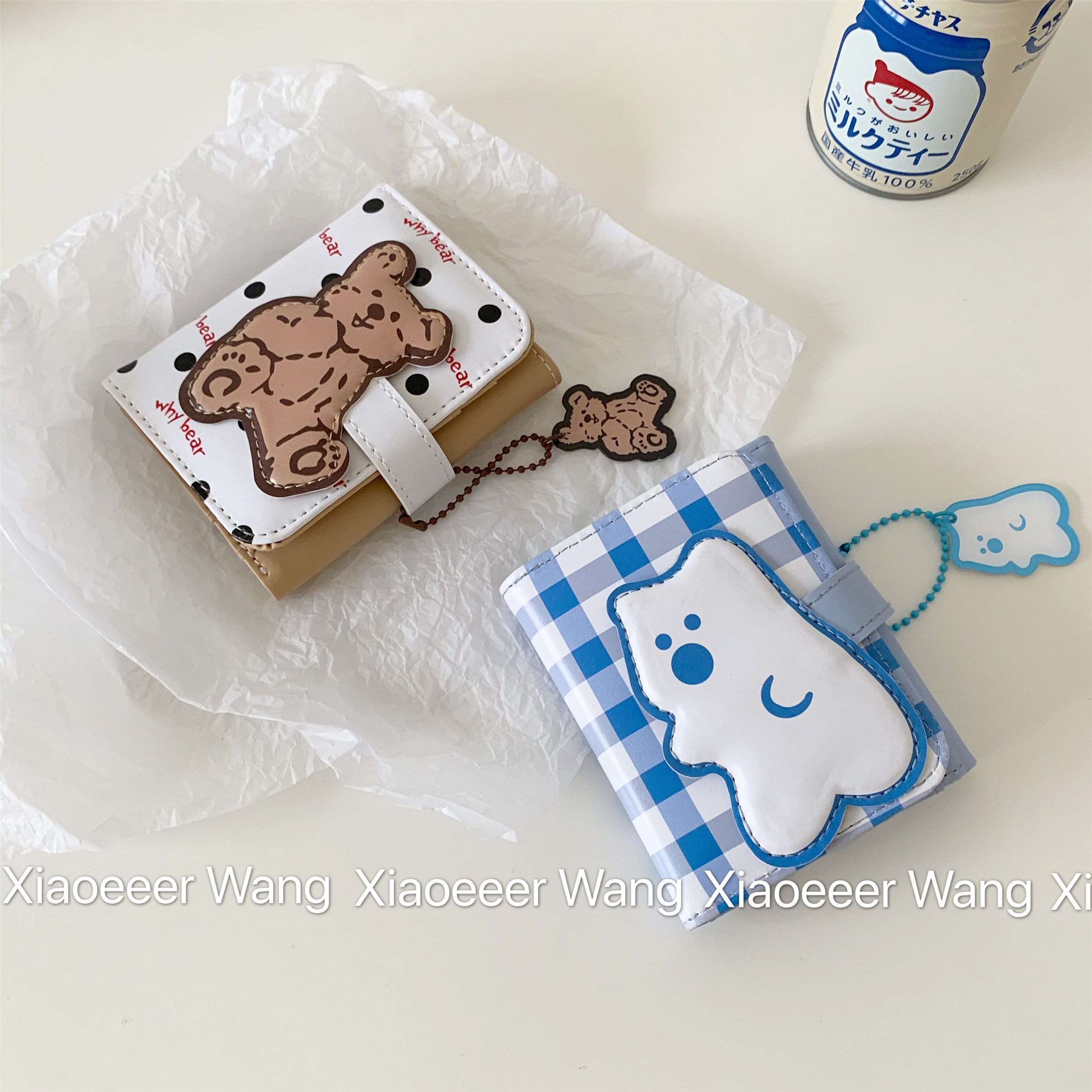 (Presented Pendant) South Korea Ins Cute Brief About Cubs Triple Fold Wallet Girl Hearts Coins Zero Wallet PU Card Pack