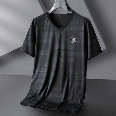 2026 new light luxury trendy brand overweight and plus-size men's ice silk short-sleeved V-neck T-shirt for men's summer sports sweatshirt