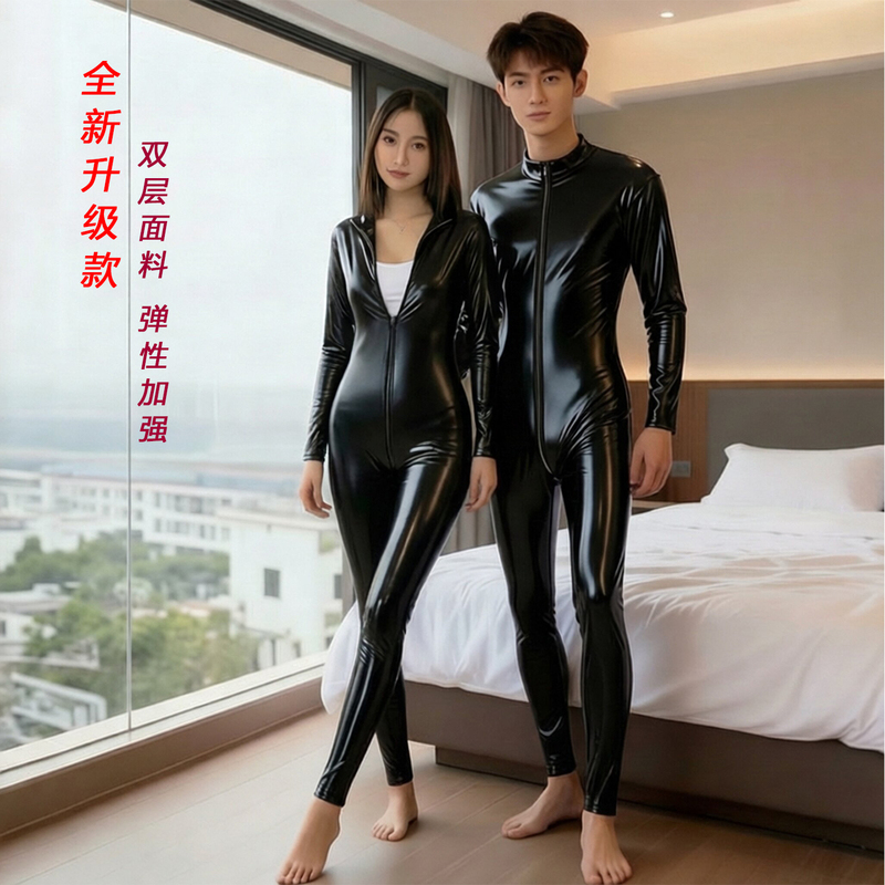 Double Zipper Sexy Shapewear Bodysuit Patent Leather Uniform Inspector Tight-Fitting Unisex Long-Sleeve Jumpsuit