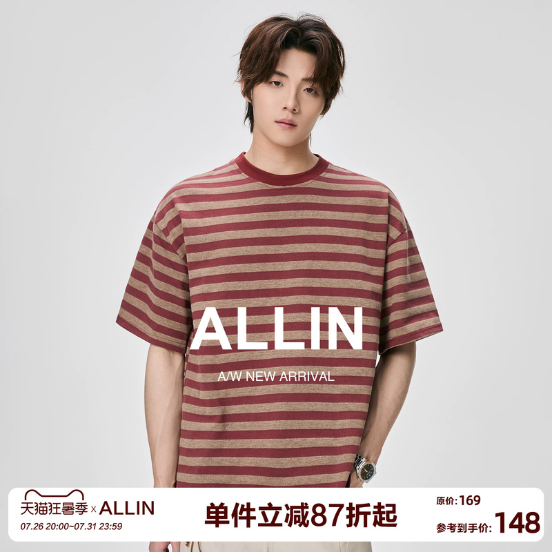 Allin American Retro Red and Coffee Striped Short-Sleeve T-Shirt, Cotton, Breathable, Loose Fit, Versatile Color-Blocking Basic Top for Men