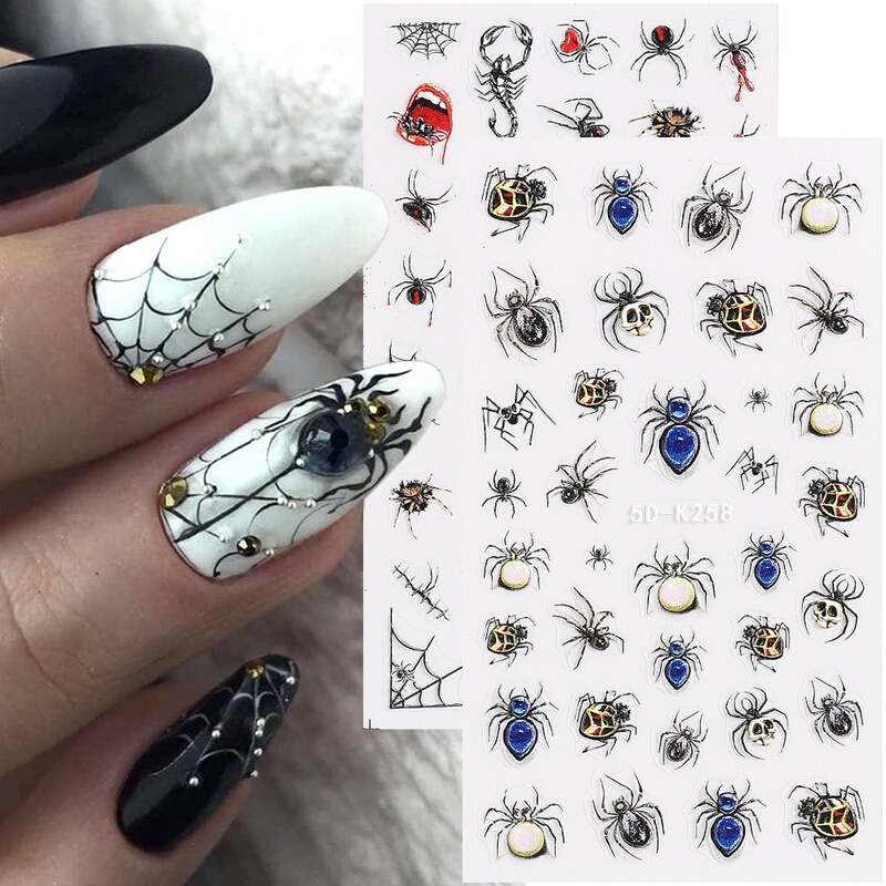 2023 Hot-Selling Embossed Nail Stickers with Halloween Elements, 3D 5D Spooky Eyeballs, Spiders, and Skulls Adhesive Nail Stickers