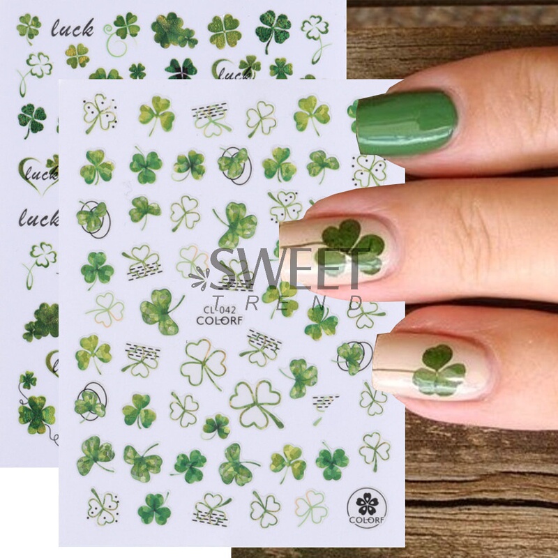 Lucky Clover Nail Stickers Spring Laser Natural Flower Four-Leaf Clover 3D Adhesive Nail Stickers Fresh Nail Art Tools