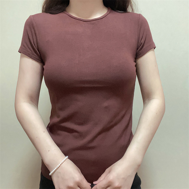 missjijielover right shoulder high elastic large round neck cotton slimming solid color short-sleeved T-shirt bottoming shirt