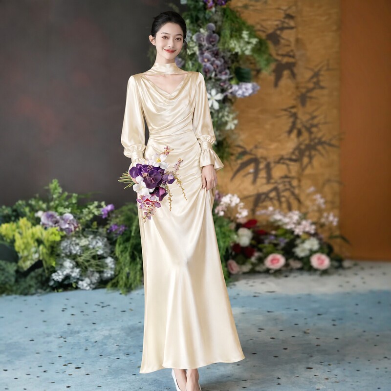 French-Style High-End Light Luxury Niche Light Dress for Annual Meetings, Birthdays, Engagements, Light Gold Bridal Toast Dress, Morning Gown French-Style High-End Light Luxury Niche Light Dress for Annual Meetings, Birthdays, Engagements, Light Gold Bridal Toast Dress, Morning Gown
