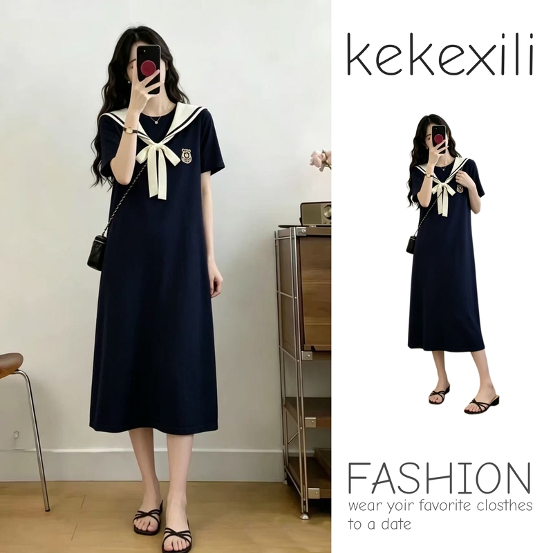 Dark Blue Navy Collar Short-Sleeved Dress for Women in Summer, Loose Fit to Cover Belly and Look Slimming, Plus Size Mid-Length T-Shirt Dress Dark Blue Navy Collar Short-Sleeved Dress for Women in Summer, Loose Fit to Cover Belly and Look Slimming, Plus Size Mid-Length T-Shirt Dress