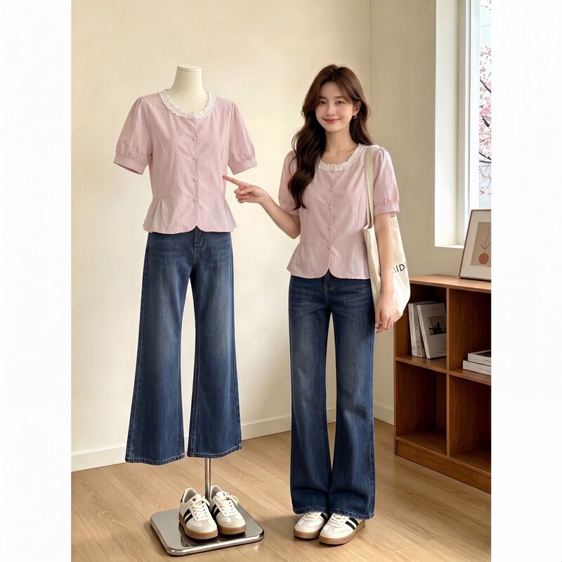Light Purple Lace-Trimmed Short-Sleeve Shirt for Women, Summer Plus-Size, Waist-Cinching, Tummy-Concealing, Unique and Beautiful Blouse Top Light Purple Lace-Trimmed Short-Sleeve Shirt for Women, Summer Plus-Size, Waist-Cinching, Tummy-Concealing, Unique and Beautiful Blouse Top