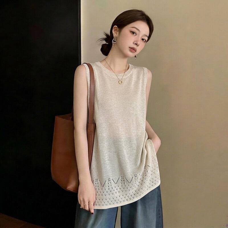 Plus-Size Designer Hollow-Out Knit Sleeveless Vest for Women, Summer Loose-Fitting Mid-Length Top That Covers the Belly for Chubby Women Plus-Size Designer Hollow-Out Knit Sleeveless Vest for Women, Summer Loose-Fitting Mid-Length Top That Covers the Belly for Chubby Women