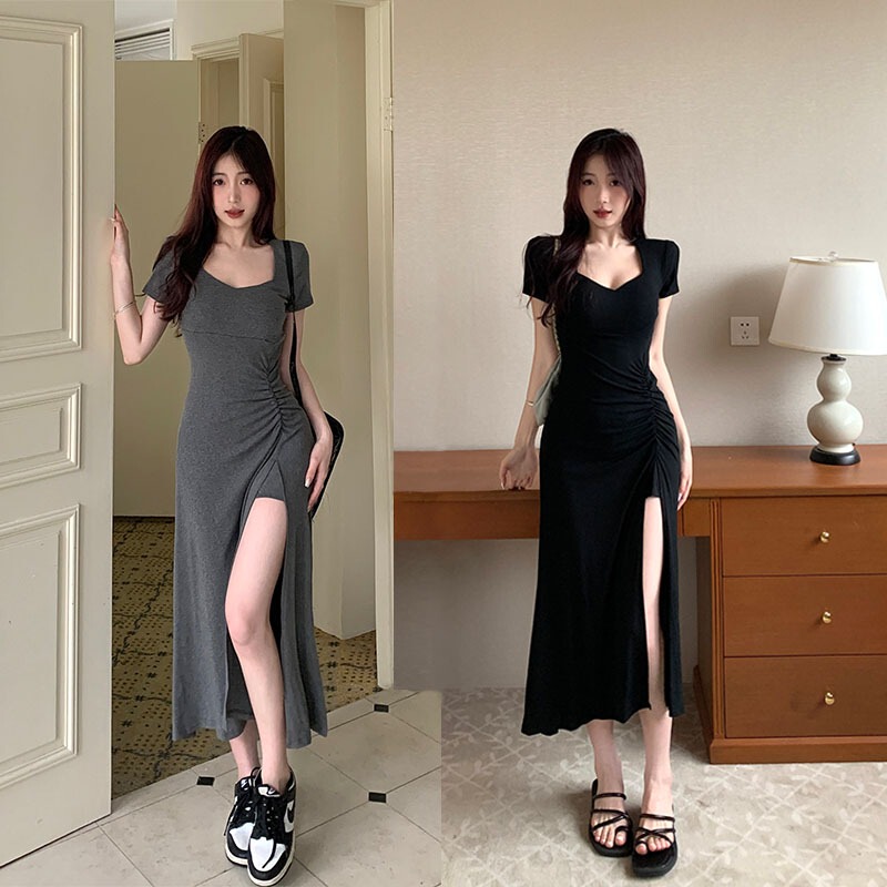French Square-Neck Black Sexy Slit Dress for Women, Summer Plus Size, Slim Fit, Short-Sleeve T-Shirt Dress
