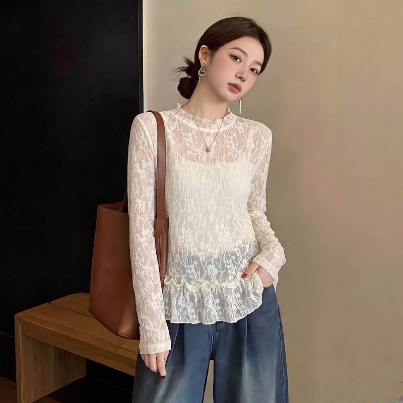 Stunning Jacquard Lace Blouse for Women, 2026 New Early Autumn Plus-Size Style, Regular Shoulder Fit, Layering Base Shirt Top Stunning Jacquard Lace Blouse for Women, 2026 New Early Autumn Plus-Size Style, Regular Shoulder Fit, Layering Base Shirt Top