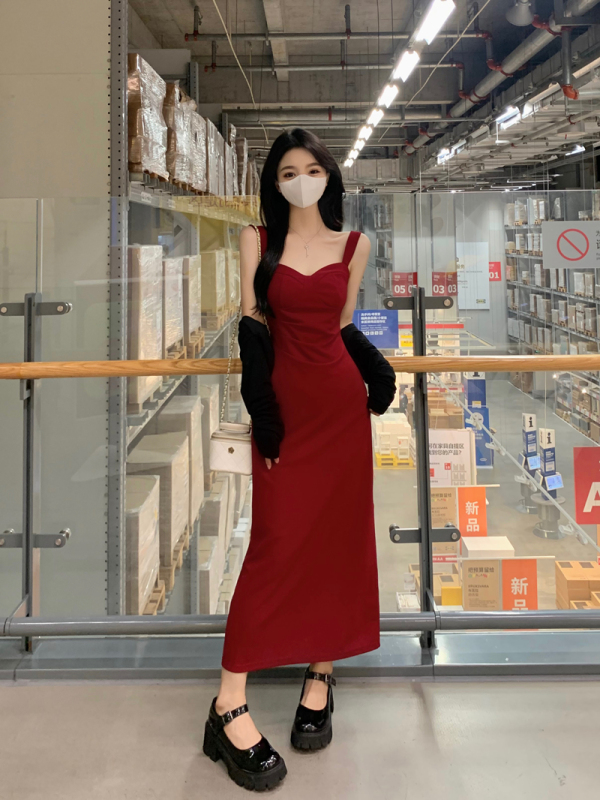 Hong Kong Style Retro Red Suspender Dress Summer Plus Size Women's Clothing for Fat Women Slimming French Style Long Skirt Two-Piece Set