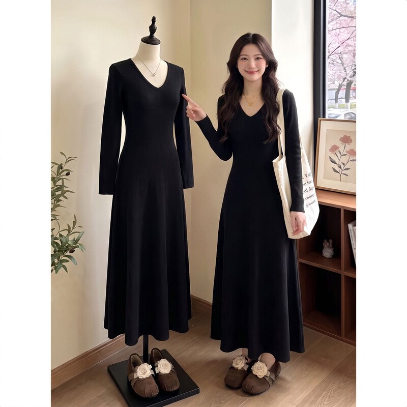 French V Neck Black Long-Sleeved Dress for Women 2026 Autumn and Winter New Large Size Fat Girl Slimming Look Inner Knitted Long Skirt French V Neck Black Long-Sleeved Dress for Women 2026 Autumn and Winter New Large Size Fat Girl Slimming Look Inner Knitted Long Skirt