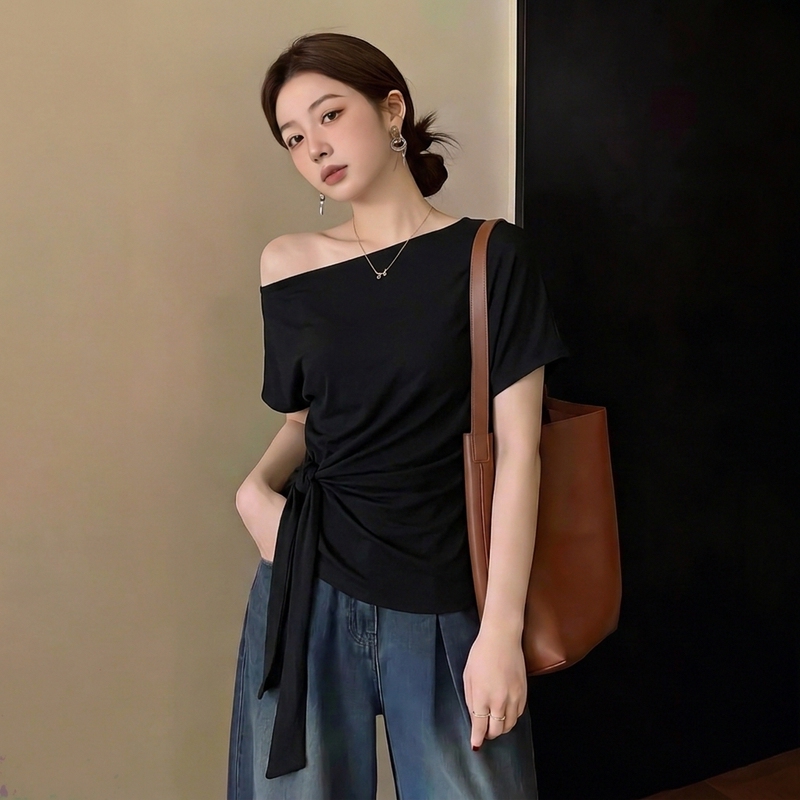 Plus-Size High-End Style Off-Shoulder Tie Short-Sleeve T-Shirt for Women, Summer Korean Fashion, Waist-Cinching, Slimming Black Top