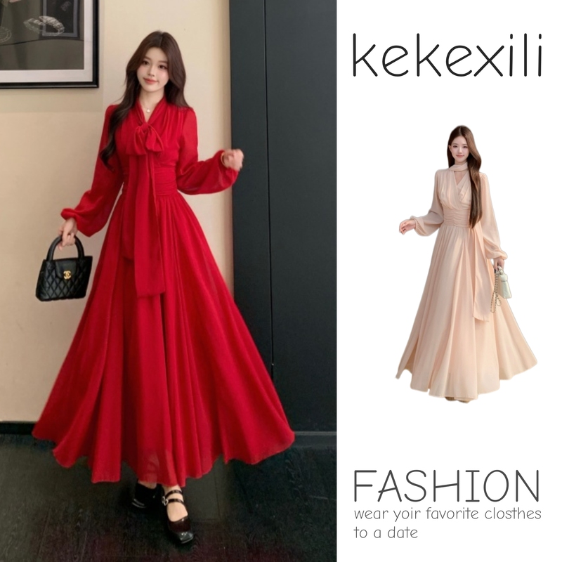 Stylish Red Ribbon Dress for Women, 2026 Autumn New Plus-Size Slimming Waist-Cinching Vacation-Style Long Dress
