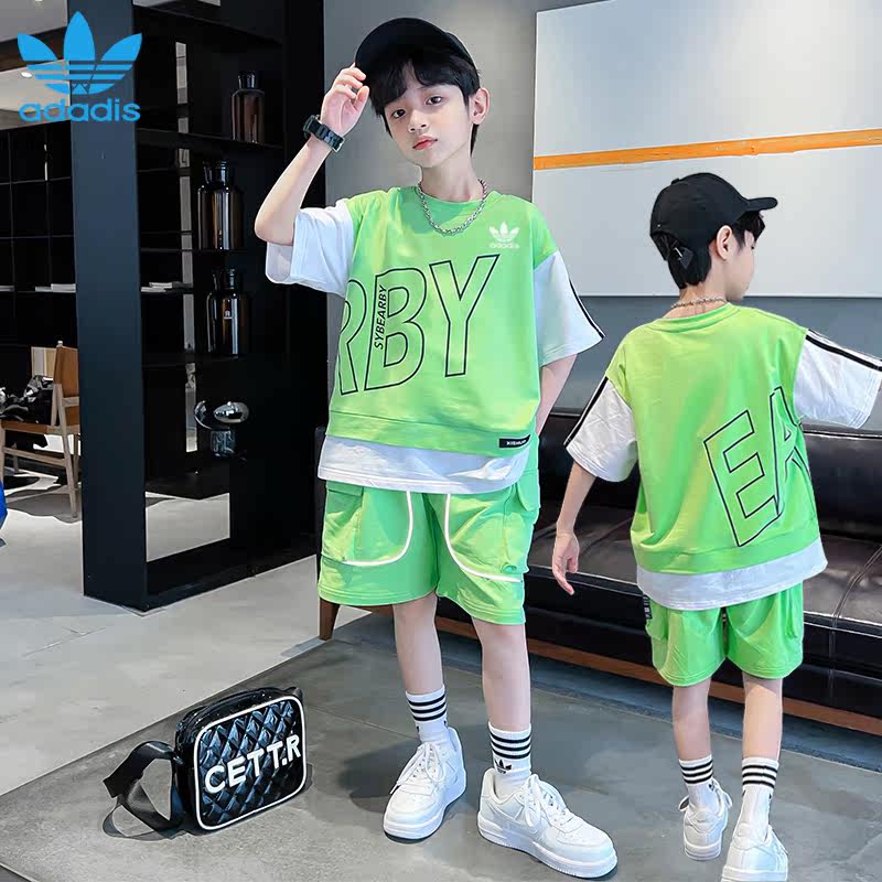 Three Leaf Grass Boy Summer Clothing Suit 2022 New Children Summer T-shirt Short Sleeve Big Boy Handsome Clothes Tide