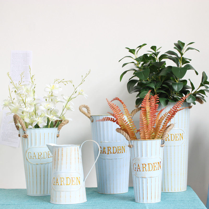 Flower bucket iron drying flower flower bucket flower flower arrangement bucket retro old wrought iron vase hemp rope binaural American decorative bucket