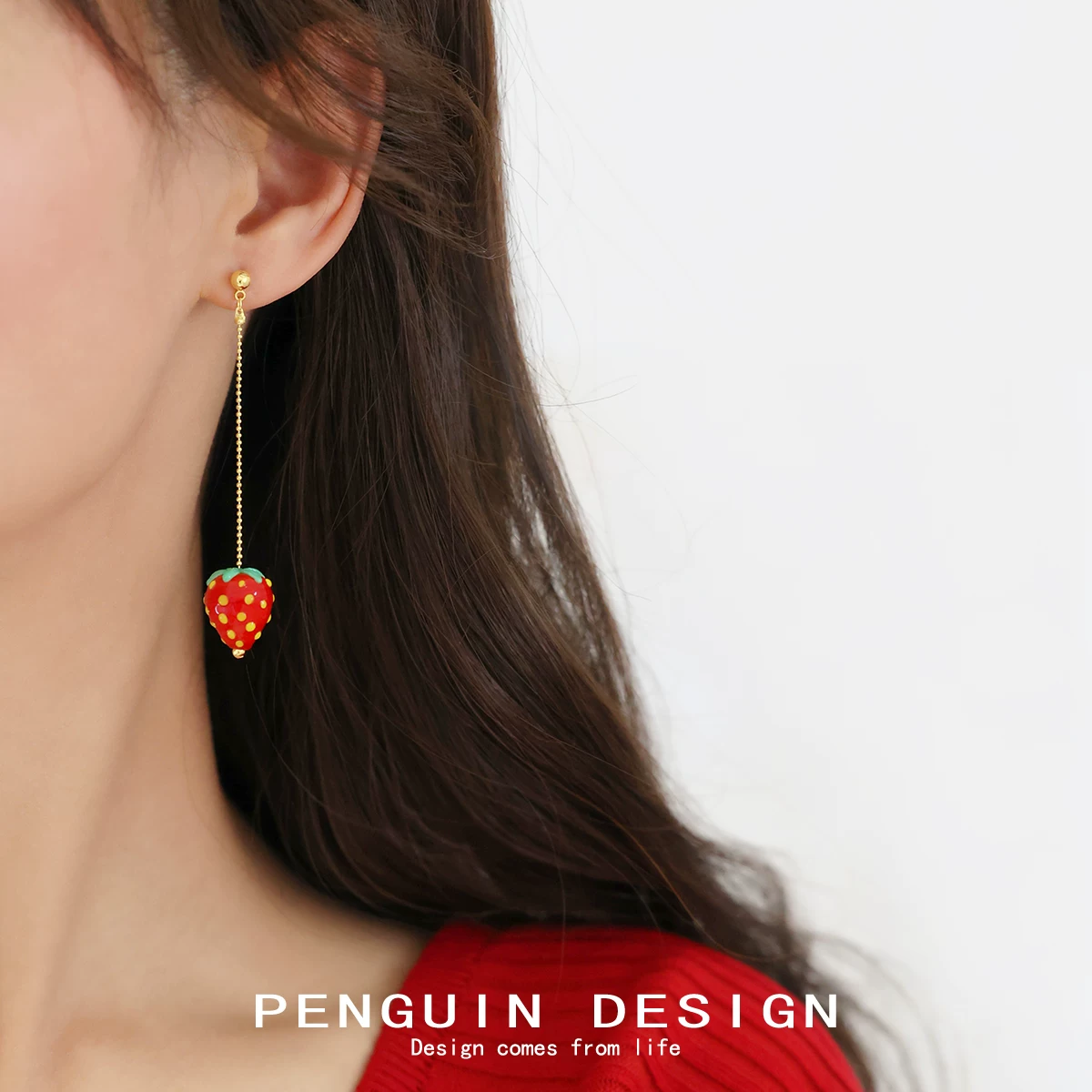 Genuine red strawberry, earrings, ear clips, silver 925 sample