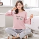 Bộ đồ ngủ dài tay nữ mùa xuân và mùa thu cotton hai mảnh phù hợp với phiên bản Hàn Quốc của bộ phim hoạt hình sinh viên tươi mát mùa đông mặc nhà mặc bên ngoài