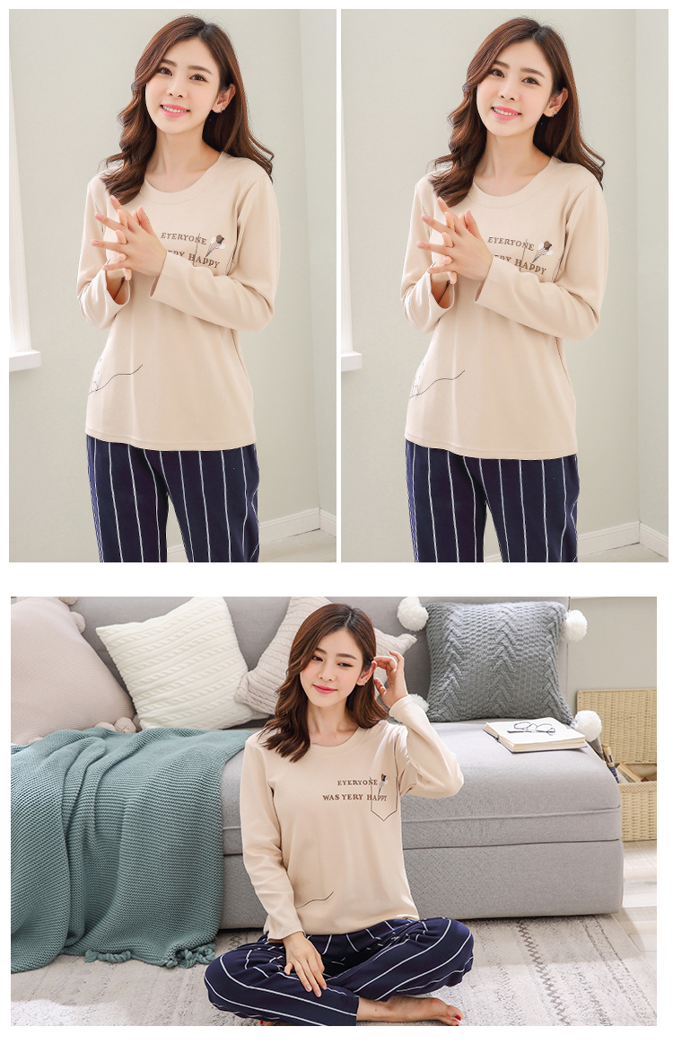 Bộ đồ ngủ dài tay cho phụ nữ mùa xuân và mùa thu cotton phù hợp với hai mảnh đồ lót