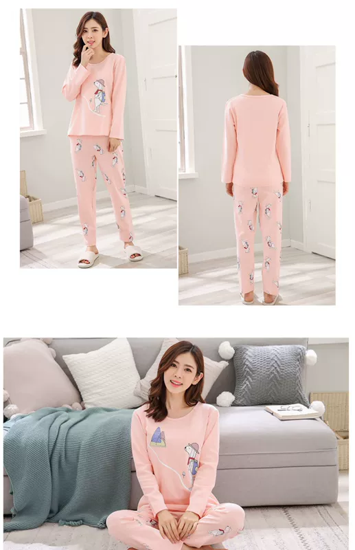 Bộ đồ ngủ dài tay nữ mùa xuân và mùa thu cotton hai mảnh phù hợp với phiên bản Hàn Quốc của bộ phim hoạt hình sinh viên tươi mát mùa đông mặc nhà mặc bên ngoài