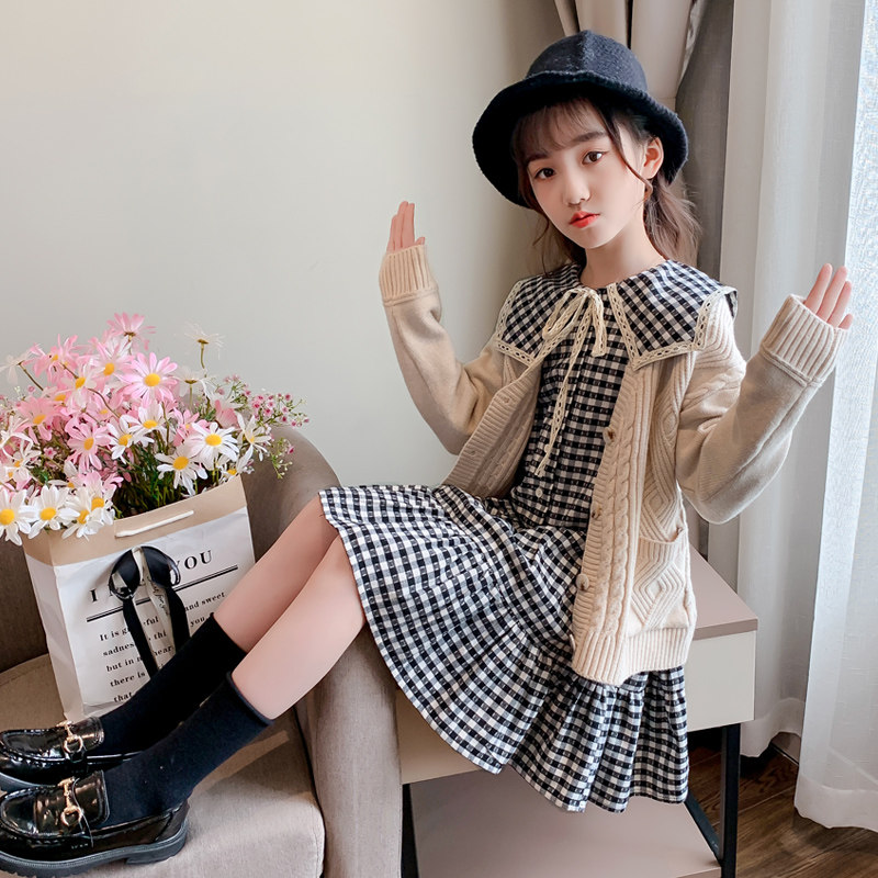 Girls plaid dress spring and autumn foreign style college wind sweater suit big children two-piece tie skirt trendy
