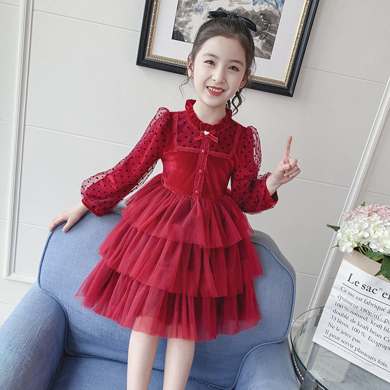 Girls' dresses spring 2022 new western style children's long-sleeved red cake princess mesh skirt spring and autumn
