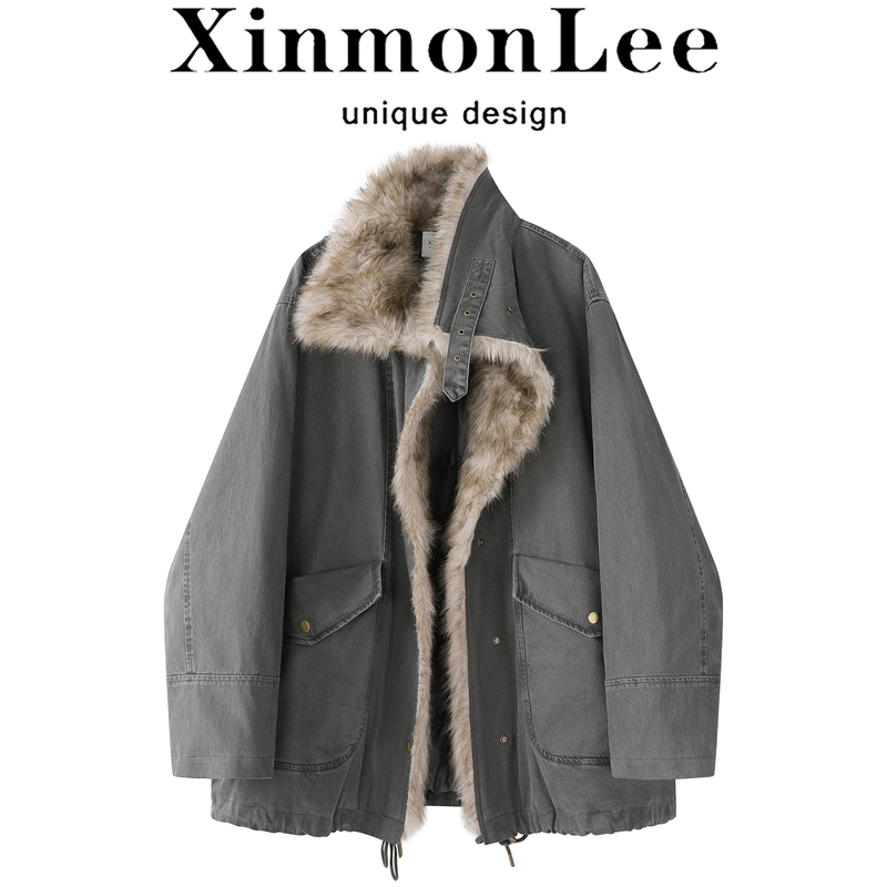 Xinmonlee American-Style Eco-Friendly Fur Washed Fur Collar Workwear Parka Winter Warm Loose down Jacket