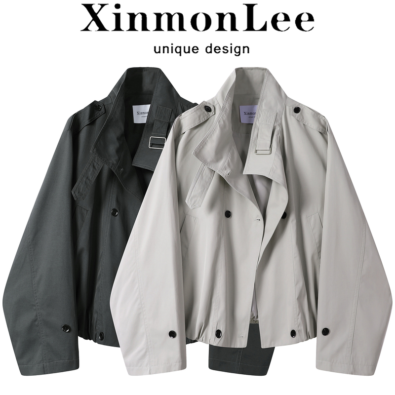 Xinmonlee Korean Style British Style Stand Collar Retro Double-Breasted Short Trench Coat Elegant Slimming Top for Autumn