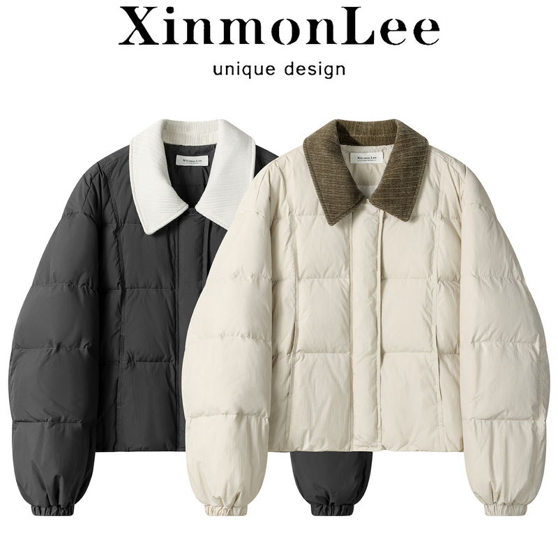 Xinmonlee Stylish Corduroy Patchwork Lapel Short down Jacket Winter Warm Puffer Jacket Korean Style Coat