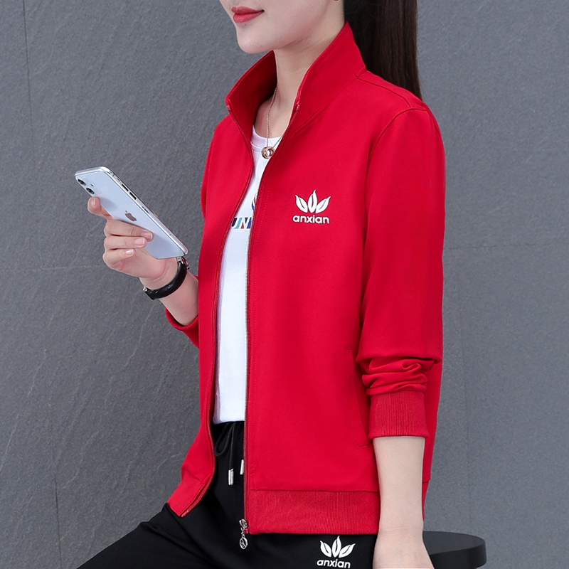 Casual Jacket for Women, Spring and Autumn Thin Sports Top, 2026 Autumn Red Sweatshirt, Square Dance Stand-Collar Baseball Jacket