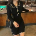 Phụ nữ mùa thu 2018 khí chất mới hoang dã thon thả váy eo cao retro ve áo dài tay đan váy khoét eo Váy eo cao