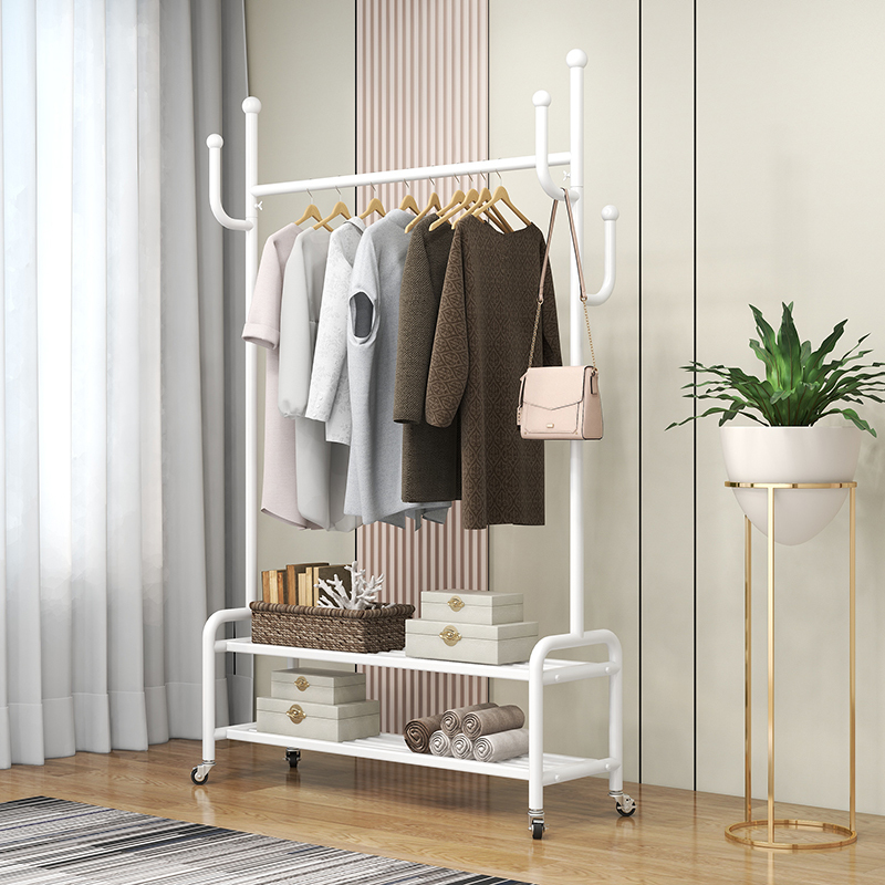 Double-Layer Clothes Rack, Shoe Rack, Coat Rack, White Household Floor-Standing Bedroom Space-Saving Clothes Hanger with Wheels Double-Layer Clothes Rack, Shoe Rack, Coat Rack, White Household Floor-Standing Bedroom Space-Saving Clothes Hanger with Wheels